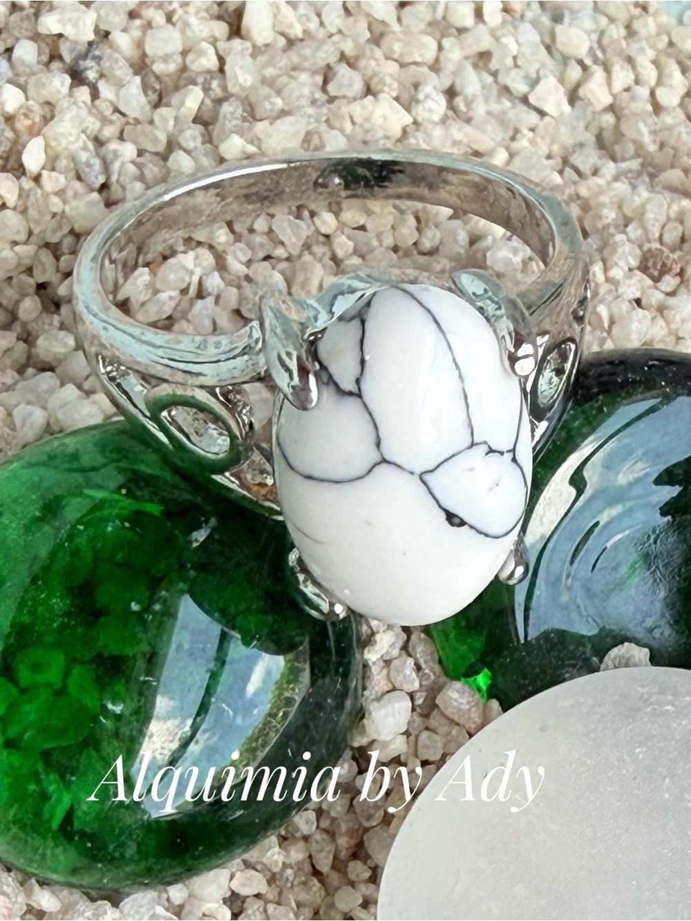 Boho + White Howlite oval Ring with Silver Accents